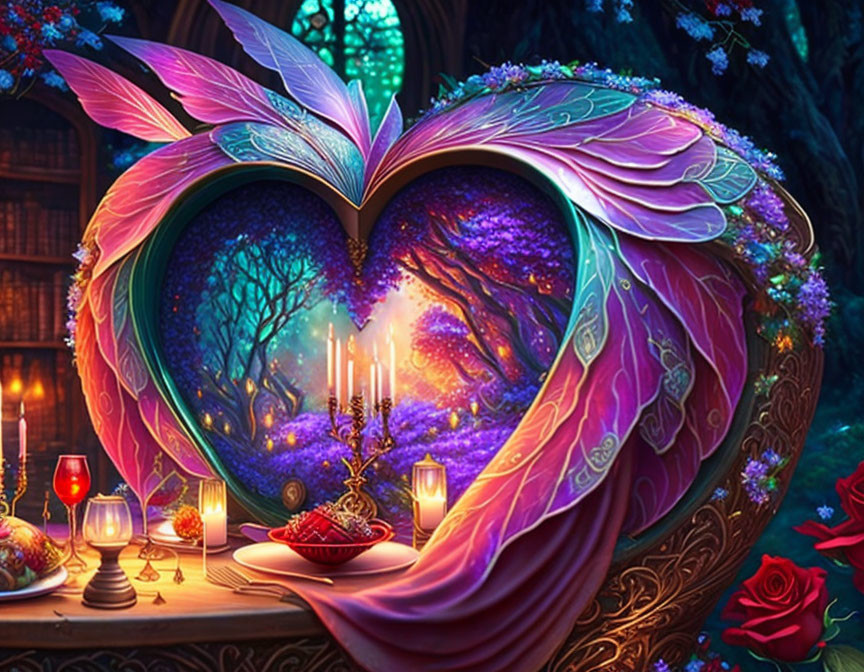 Heart-shaped book reveals magical forest scene with glowing lights, candles, and roses-filled table.