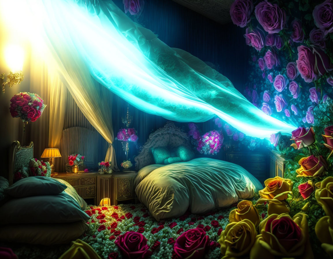 Cozy bedroom with light beam, roses, and plush bed