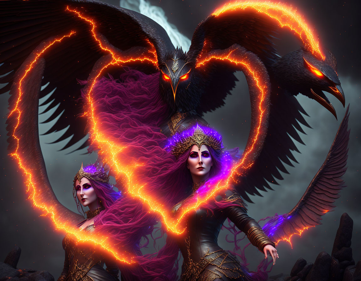 Regal figures with elaborate headpieces and giant ravens in fiery halo.