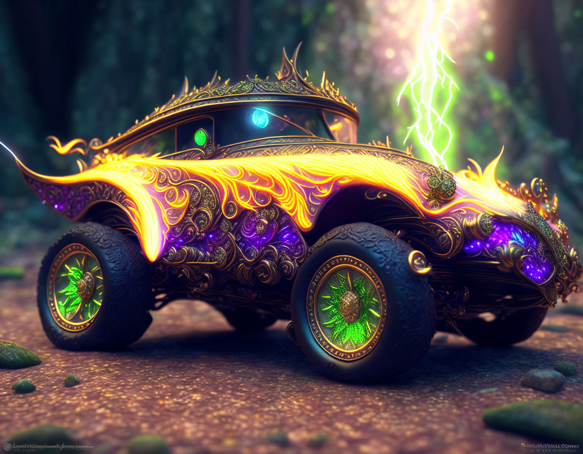 Fantastical golden car with jewel embellishments in mystical forest