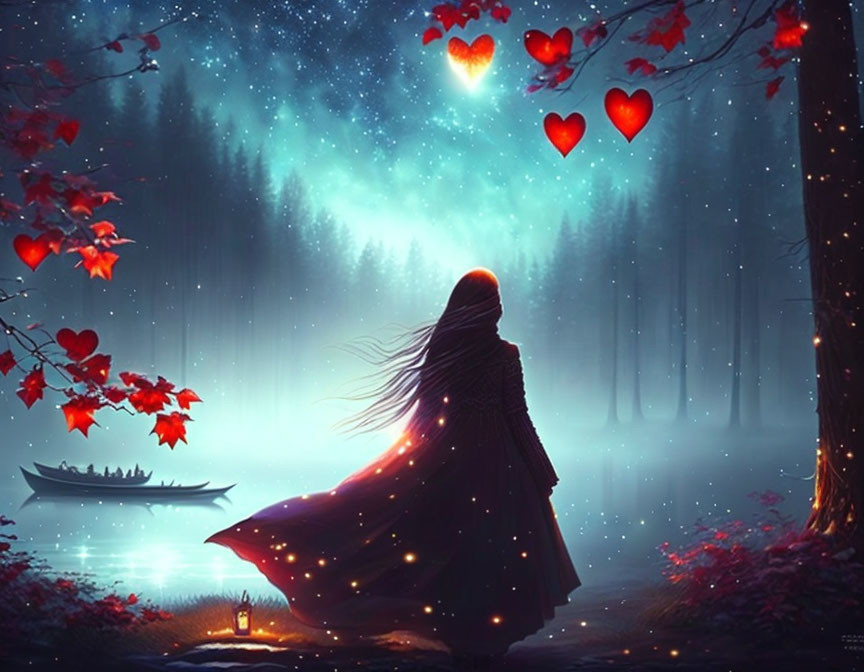 Mystical forest scene with cloaked figure, glowing hearts, boat, and starlit sky