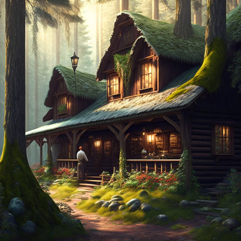 Woodland cottage with moss-covered roofs and person in golden light