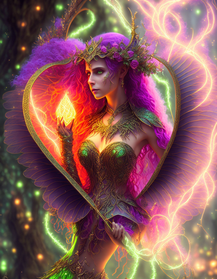 Mystical fairy queen with purple feathers and magical elements in forest scene