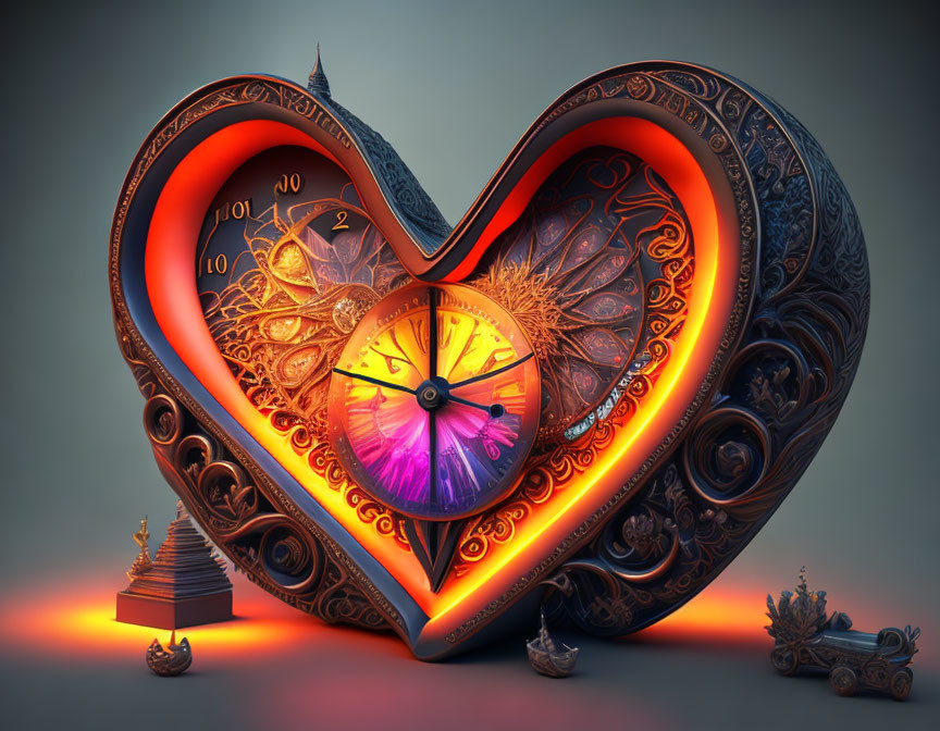 Heart-shaped ornate object with clockwork and neon lighting on neutral background with miniature structures.