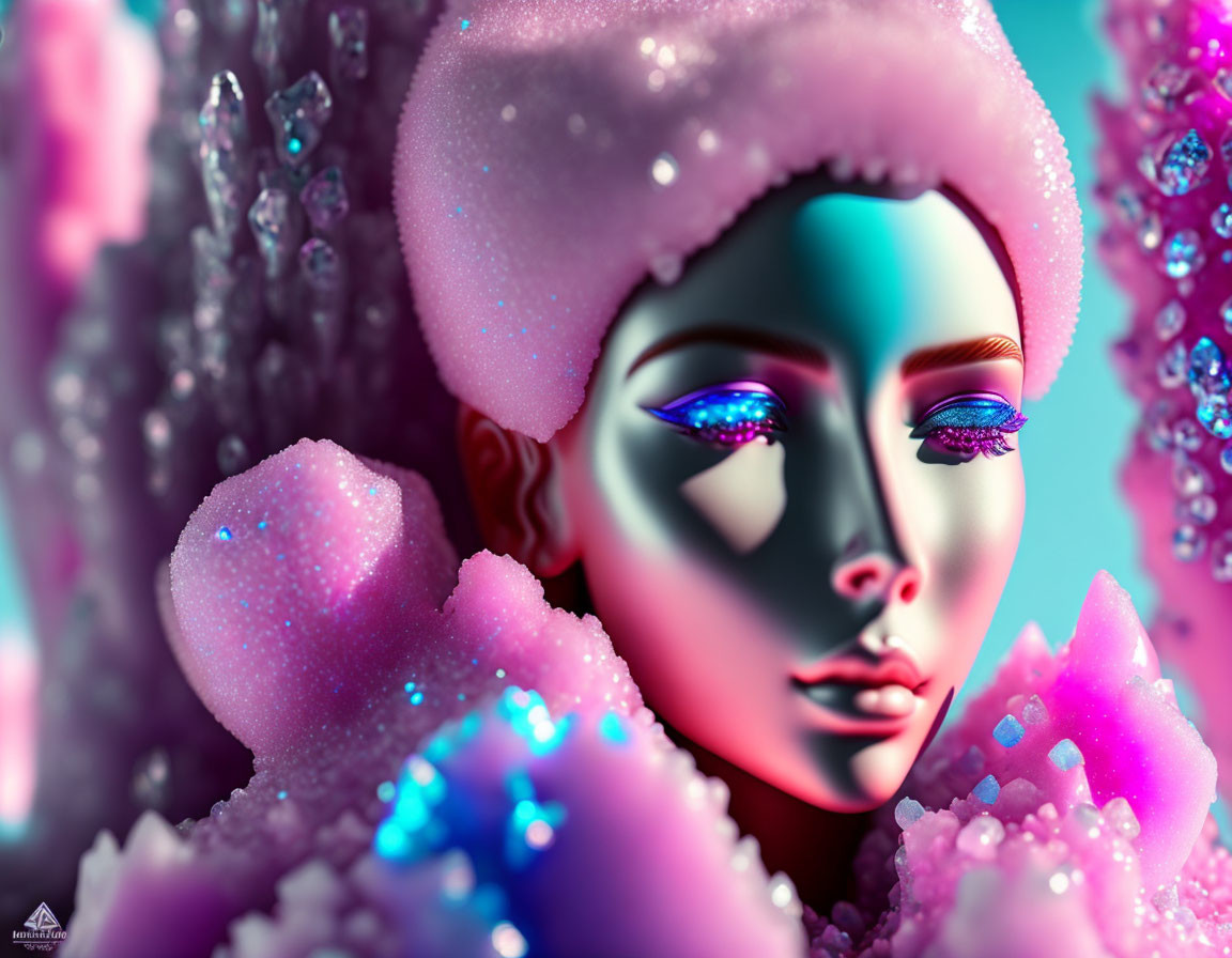 Vivid Digital Artwork of Female Figure with Blue Skin and Pink Crystals