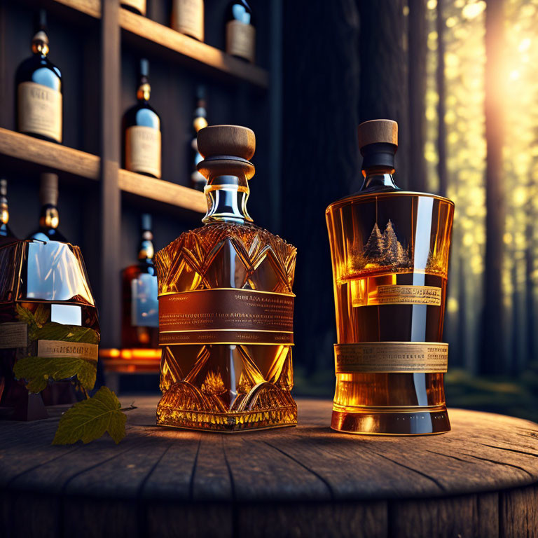 Intricately Designed Whiskey Bottles on Wooden Surface