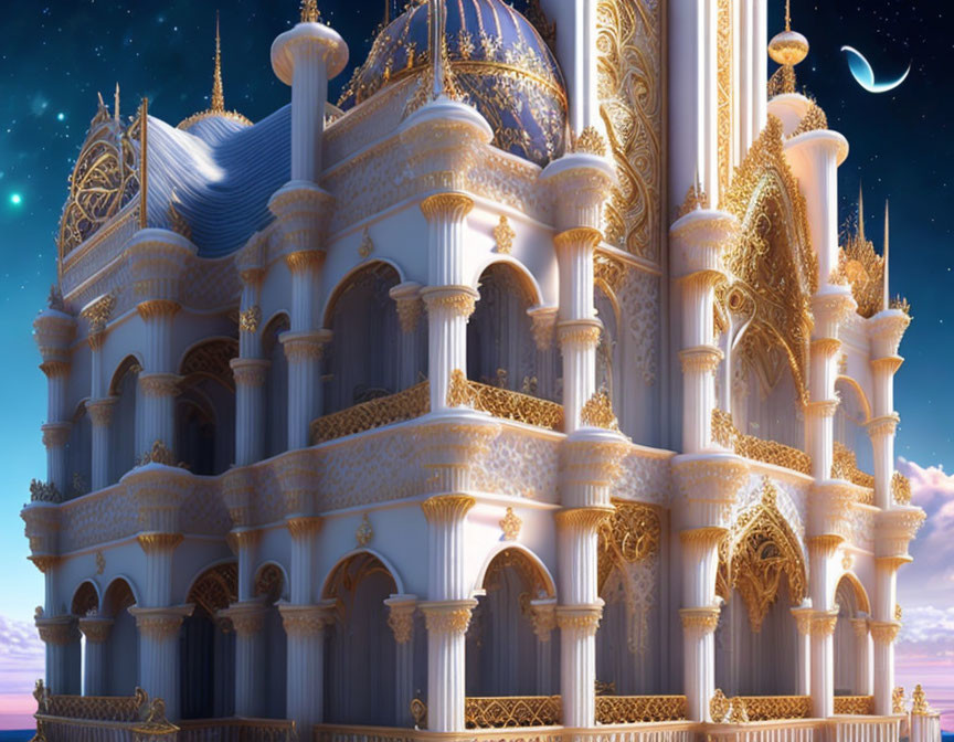 Fantasy palace with golden and white architecture under twilight sky