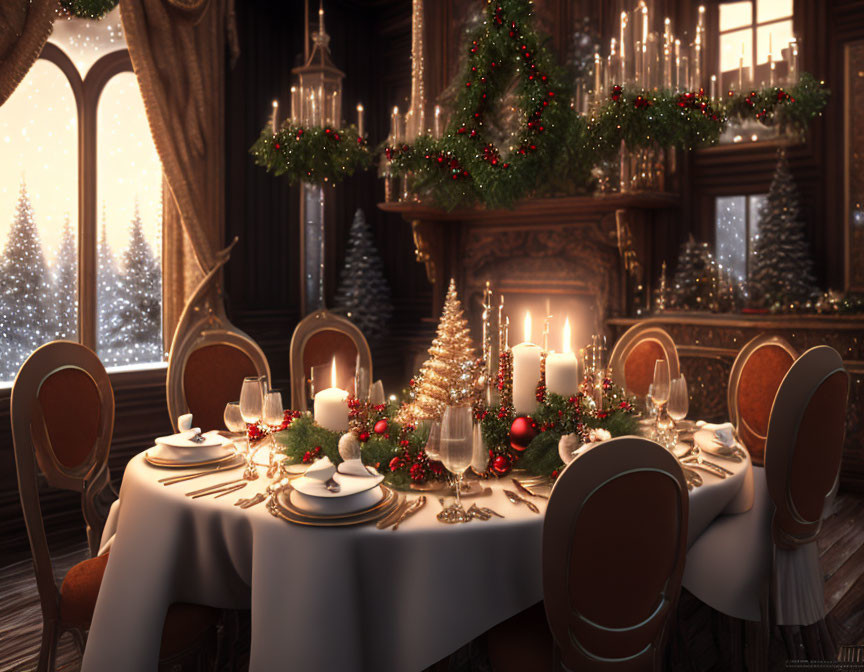 Christmas-themed dining room with decorated table, candles, small tree centerpiece, snowy view.