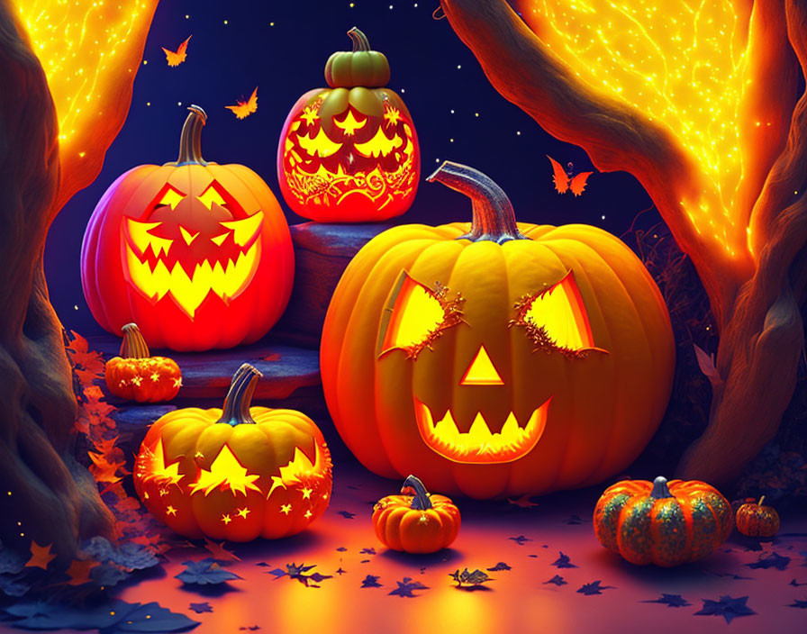 Colorful Halloween scene: Glowing carved pumpkins, autumn leaves, night sky