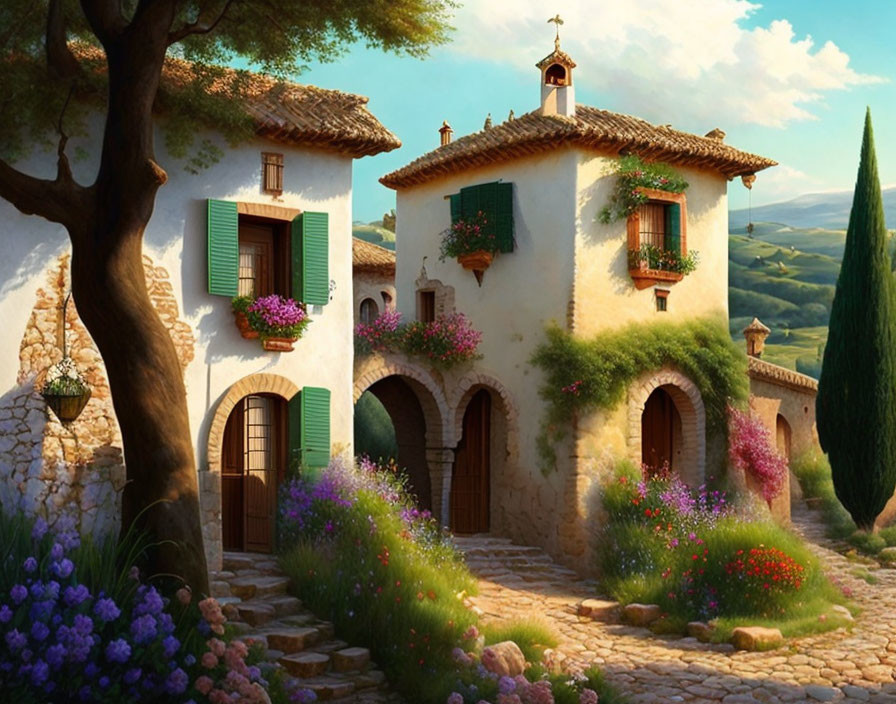 Stone villa with green shutters and vibrant flowers in serene landscape