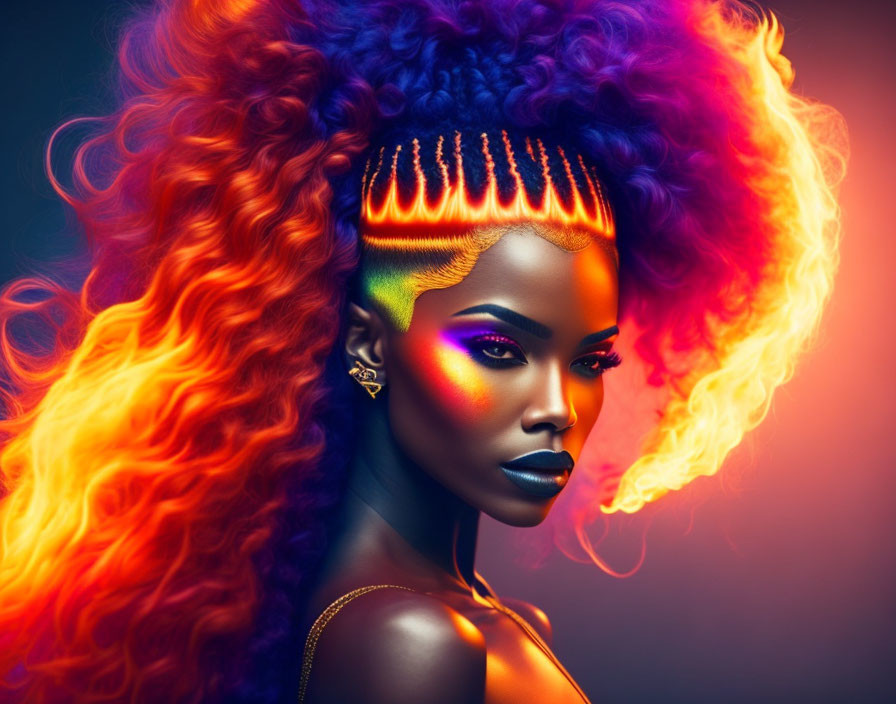 Vibrant multicolored hair and bold makeup on woman against dark background