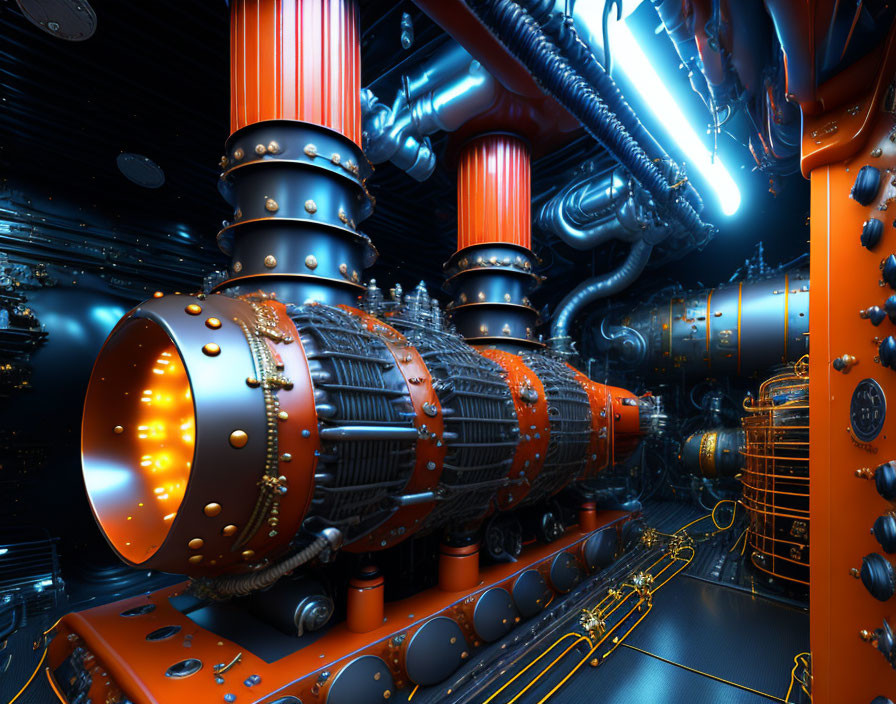 Futuristic industrial scene with large orange and metallic pipes and complex machinery in a dimly-lit