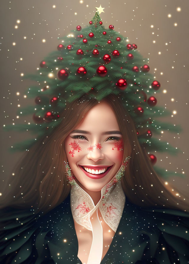 Smiling woman with Christmas tree hairstyle and festive makeup