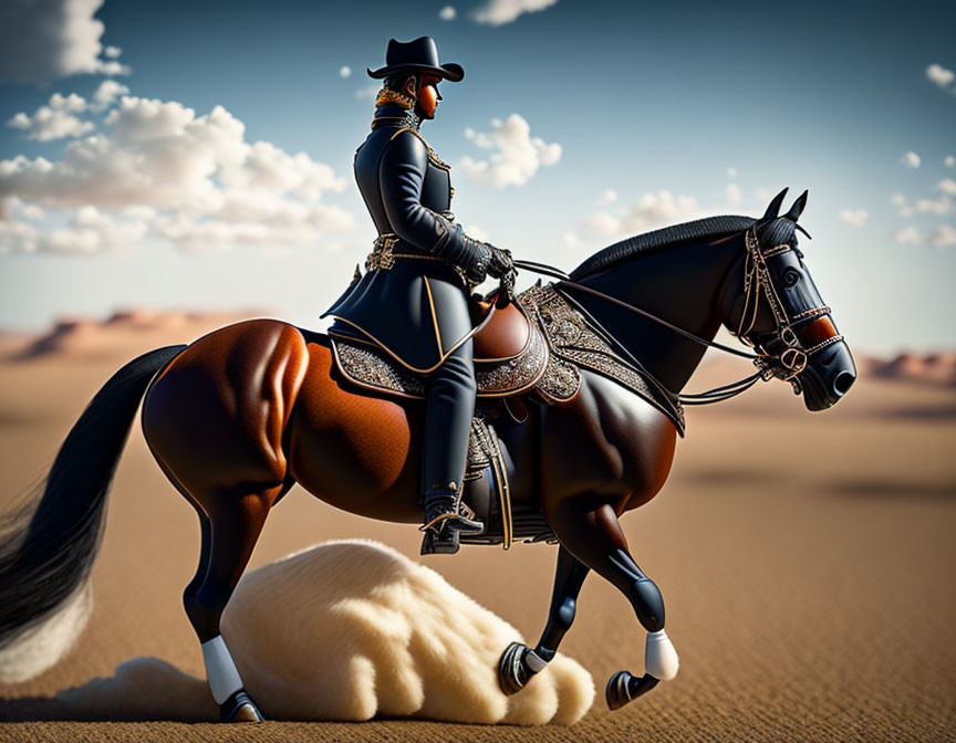 Elegantly dressed rider on brown horse against desert backdrop