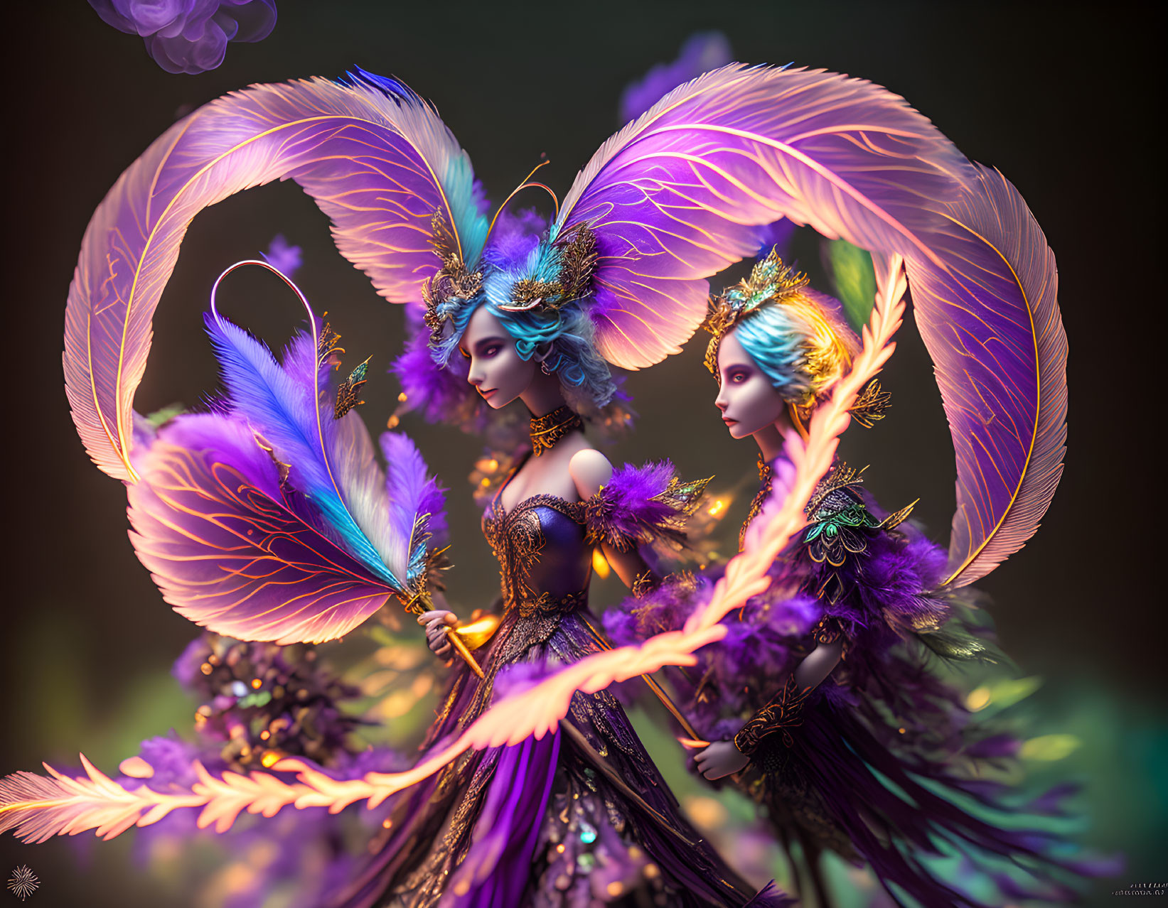 Ethereal beings with purple and golden plumage in fantasy artwork