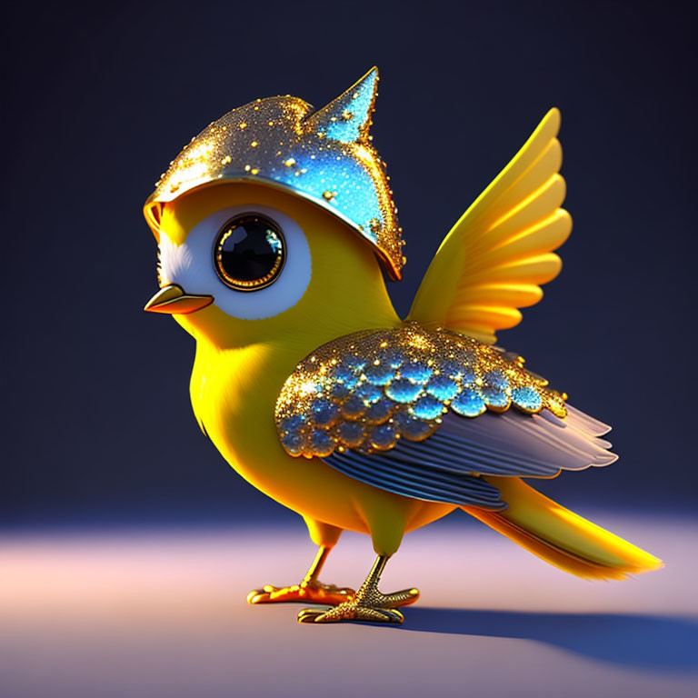 Stylized 3D yellow bird with blue wings and gold helmet on blue background