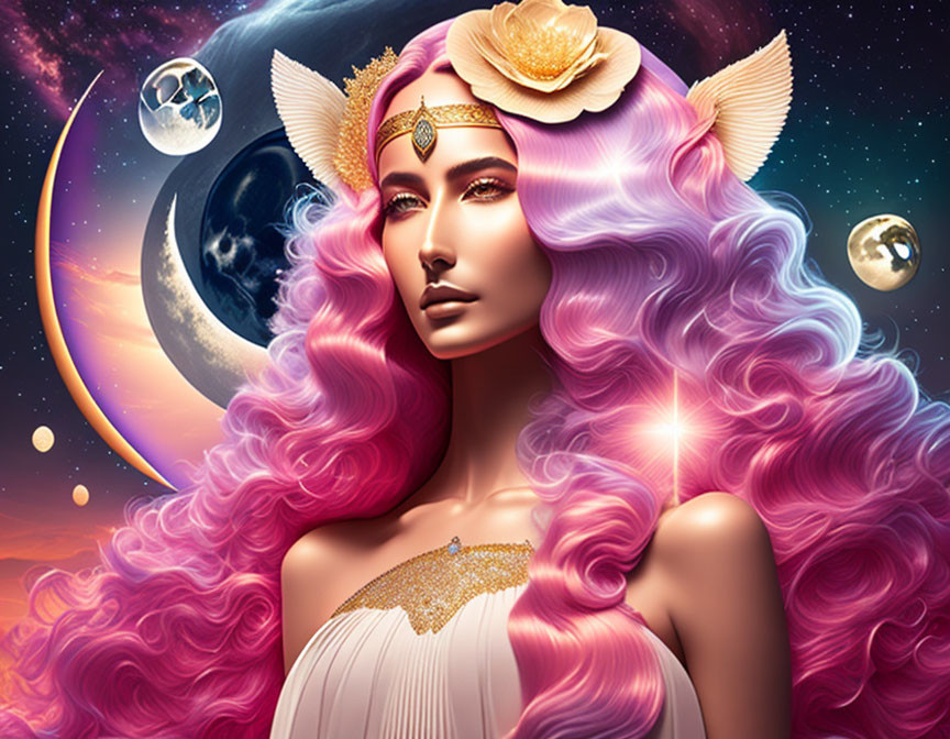 Portrait of woman with pink wavy hair, fox ears, golden tiara, stars, against cosmic