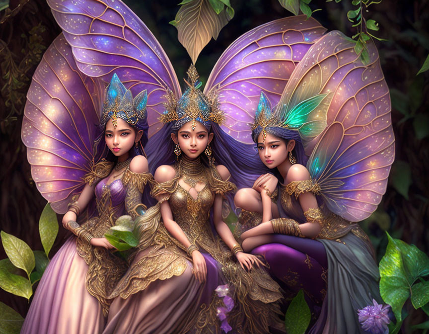 Ethereal fairy characters with translucent wings in lush forest