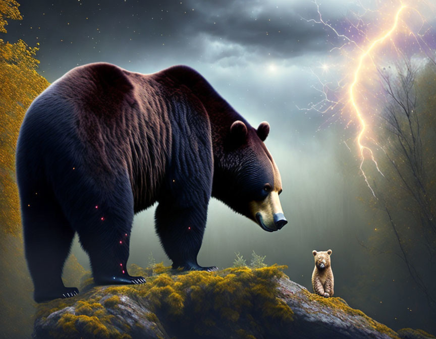 Large bear and small cub on rocky outcrop under stormy sky.