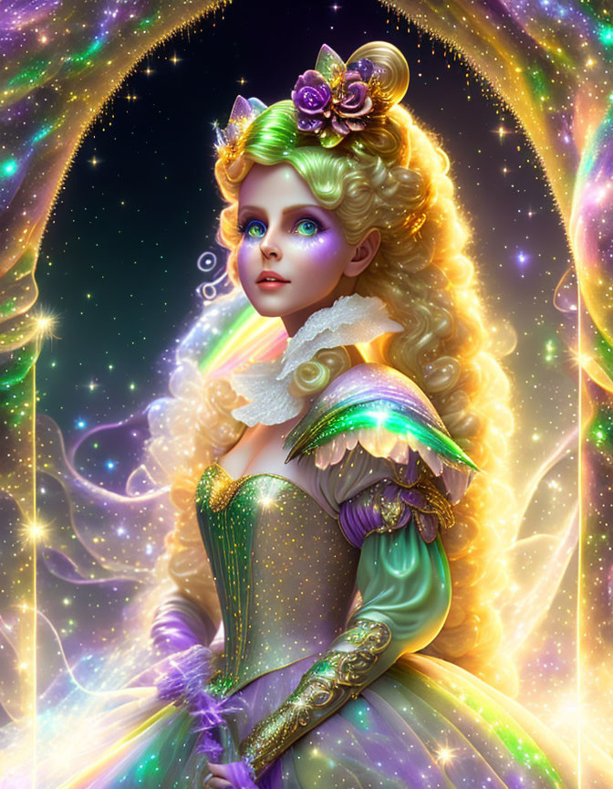 Colorful digital portrait of a fantastical woman in elaborate attire, surrounded by starry aura