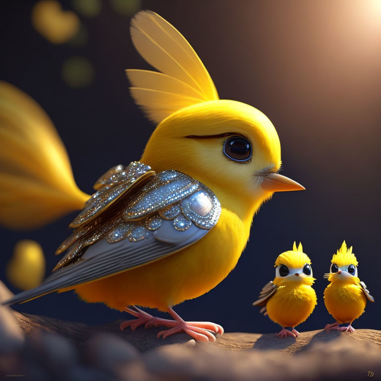 Mechanical yellow bird with two smaller birds on dark background