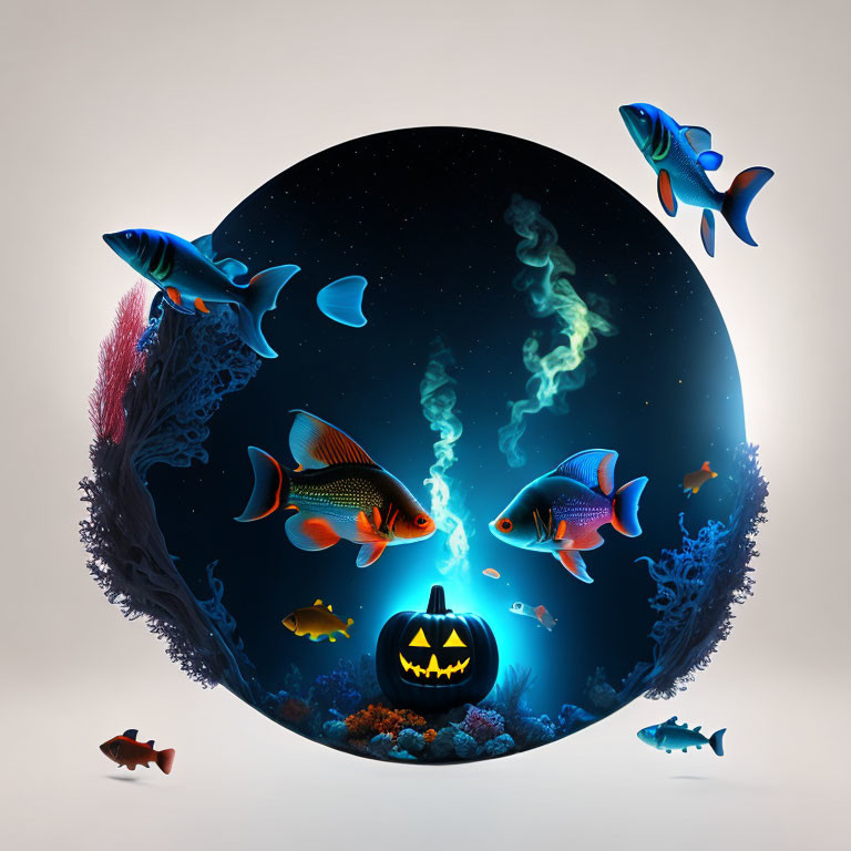 Colorful Fish, Corals, and Glowing Jack-o'-lantern in Underwater Scene