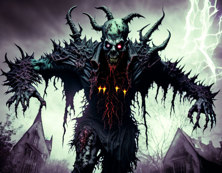 Menacing creature with red eyes, wings, claws by spooky house under stormy sky