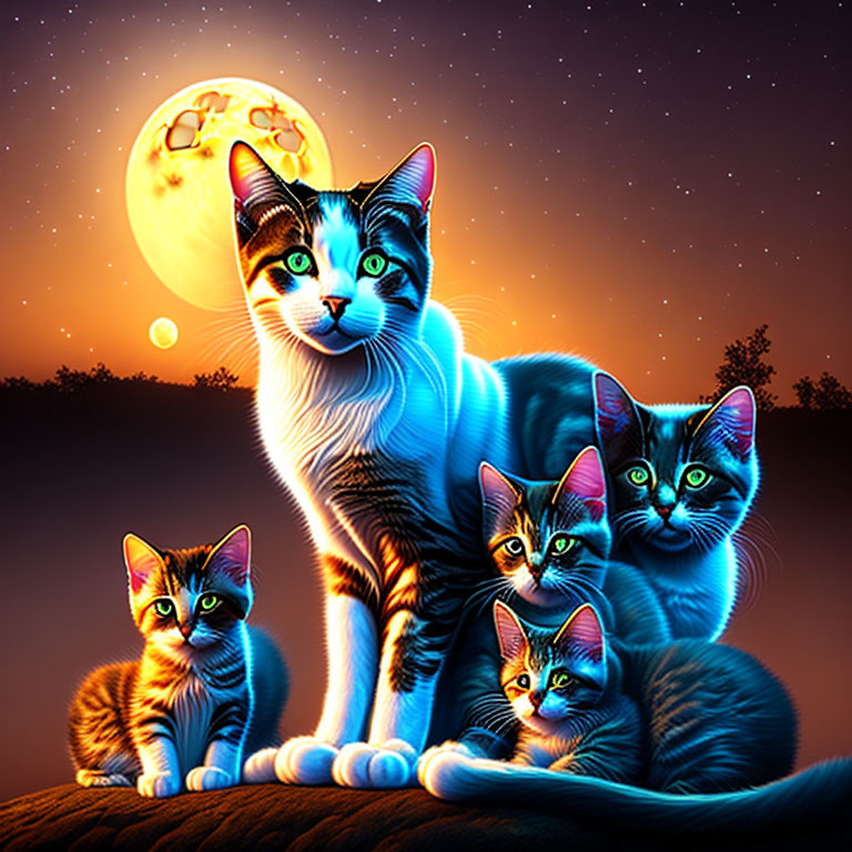 Colorful digital artwork: Cats with blue eyes under full moon