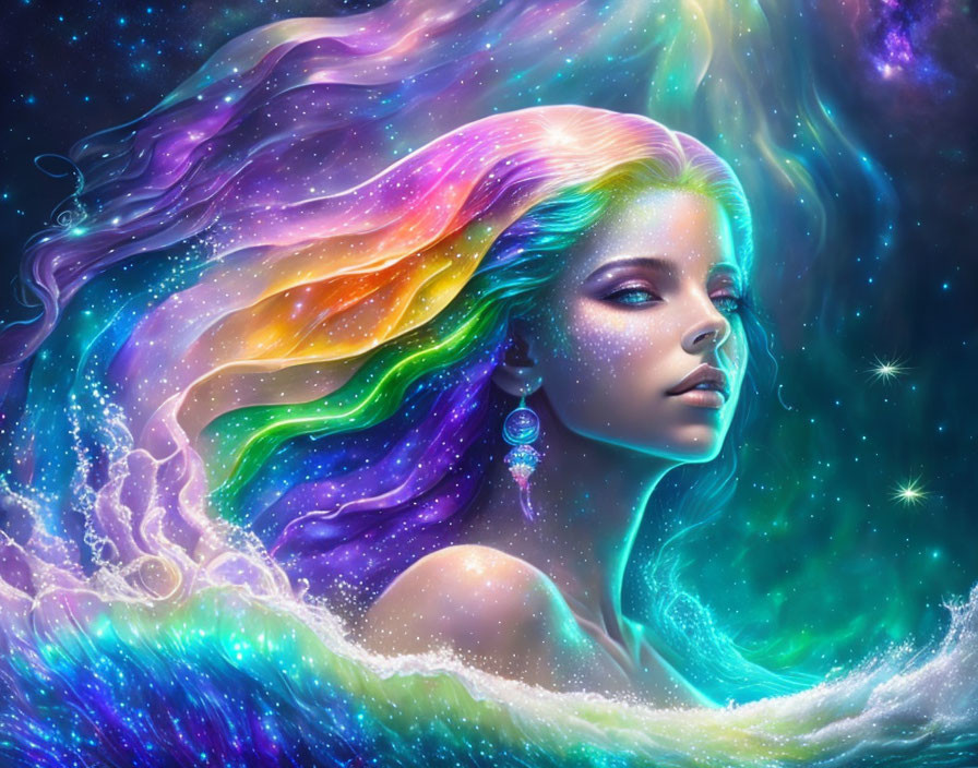 Digital artwork: Woman with nebula-like hair in cosmic space