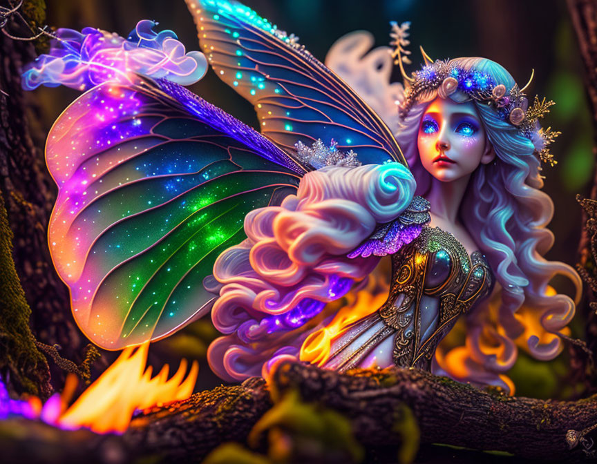 Colorful fairy with glowing wings in forest setting