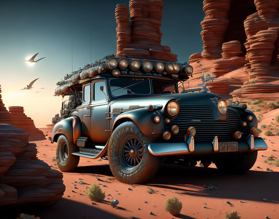 Classic Car with Roof Rack in Desert Landscape with Red Sandstone Formations and Flying Bird