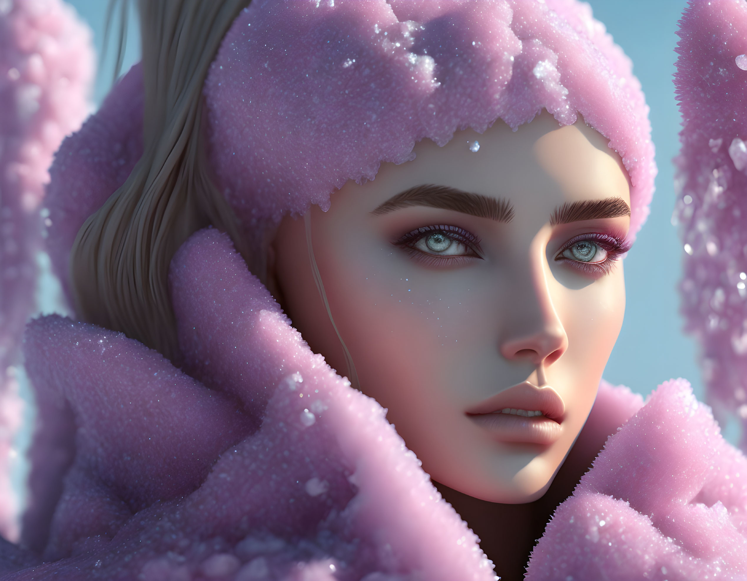 Digital artwork: Person with clear blue eyes in pink frost-covered fabric on pale blue background