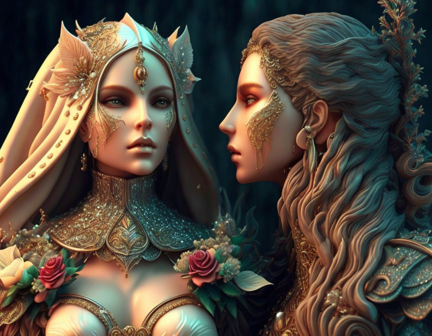 Fantasy women with golden headdresses and floral accents in moody setting