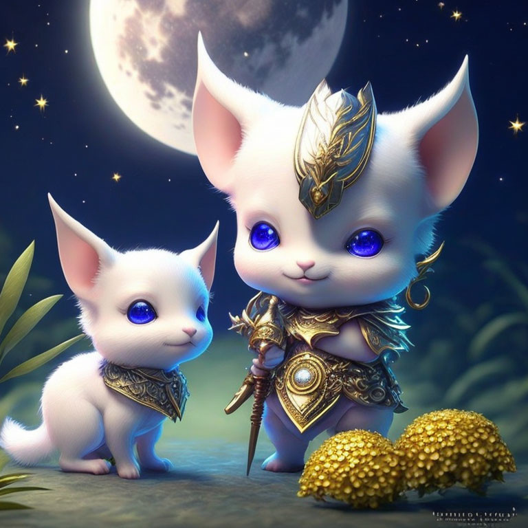 Two fantasy kittens in armor under a full moon.