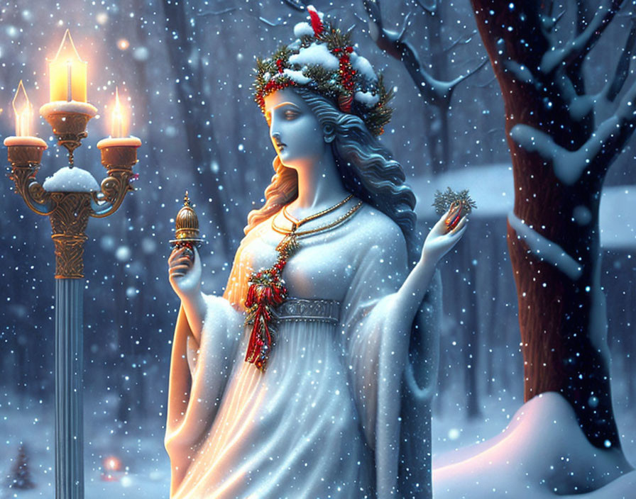 Ethereal woman with winter crown in snowy forest holding candlestick