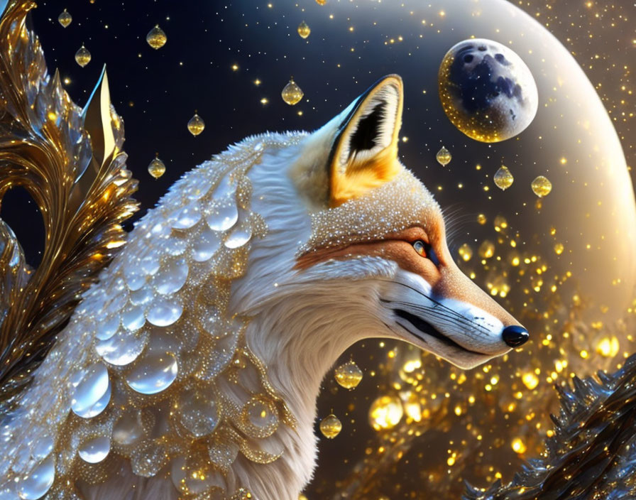 Fox adorned with jewels in celestial setting