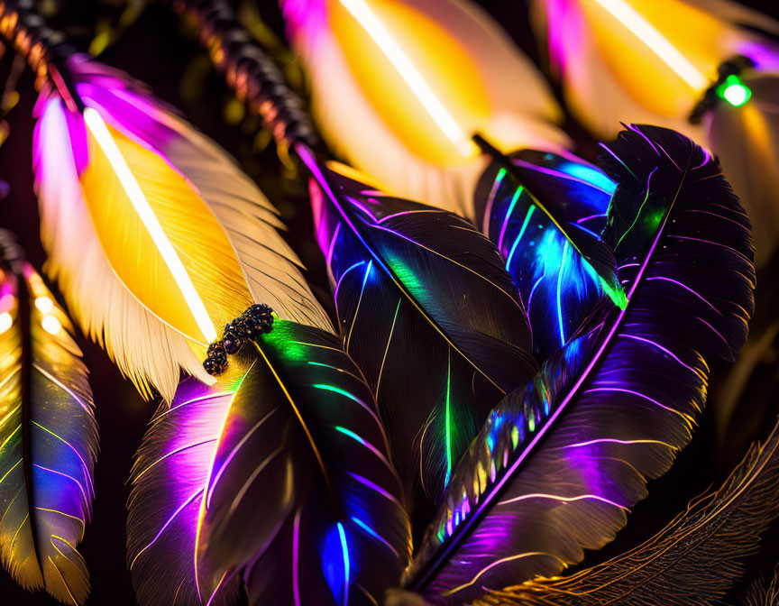 Vibrant neon-lit feathers on dark background with bokeh effect