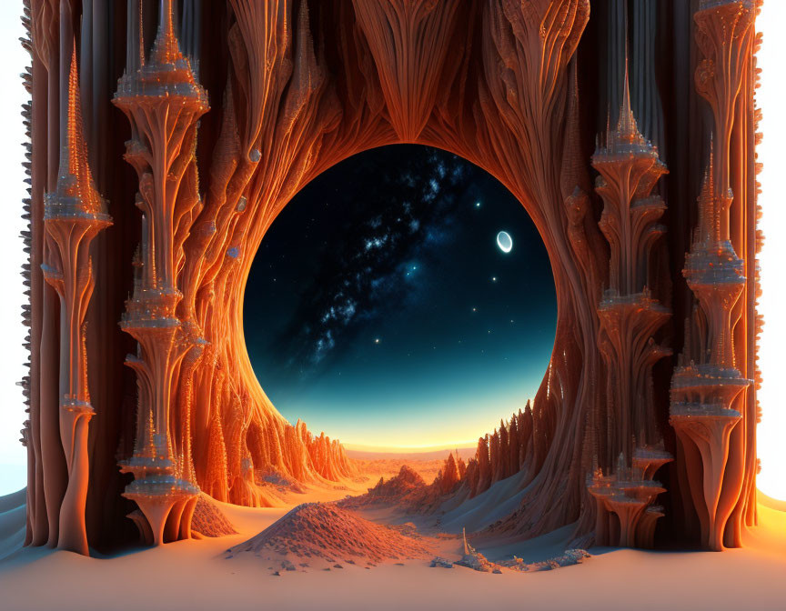 Intricate surreal archway under starry night sky and snowy landscape