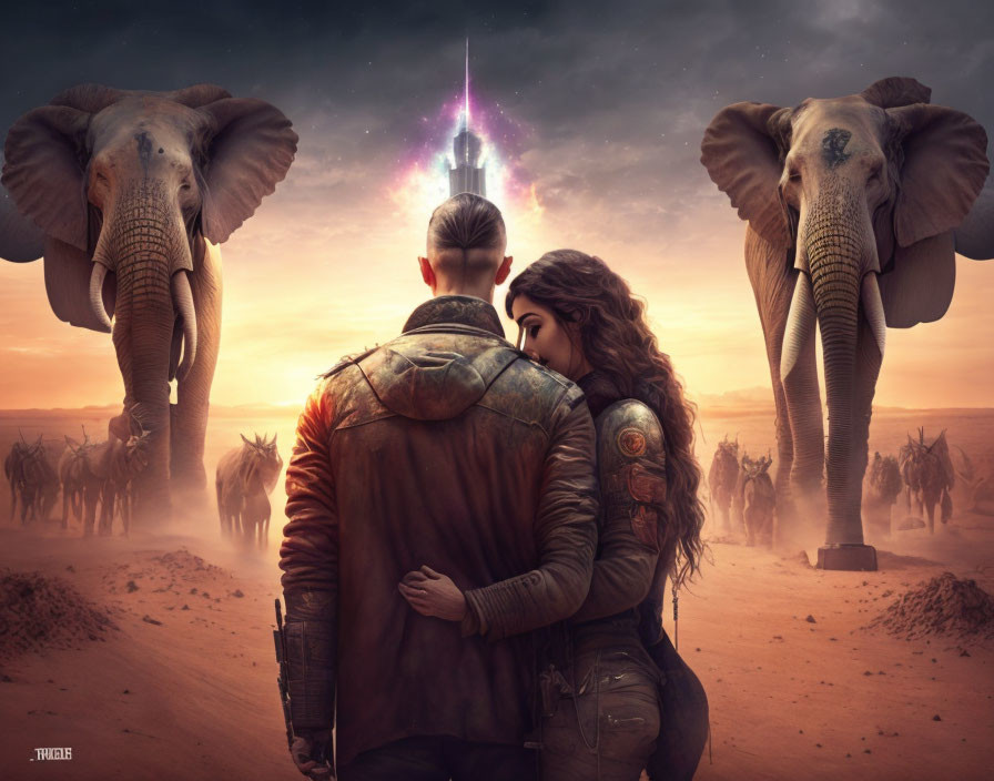 Embracing couple in desert with elephants and futuristic tower at dusk