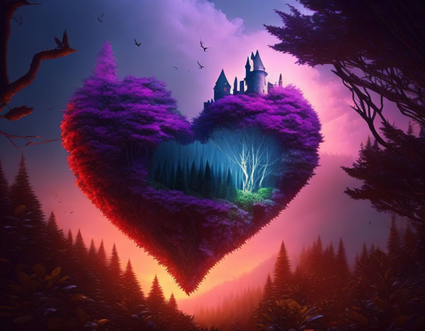 Heart-shaped forest canopy with glowing tree and castle in mystic twilight scene.