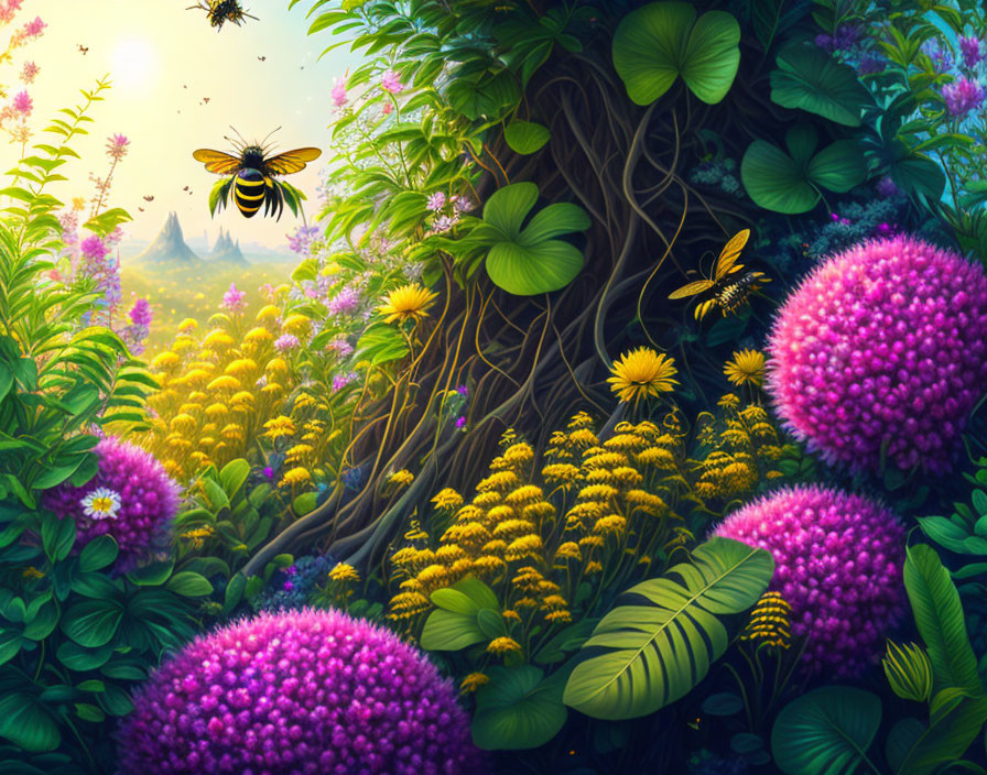 Lush Garden Scene with Bees and Glowing Light