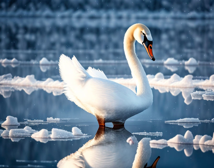 White Swan Reflected in Tranquil Blue Lake with Snowflakes