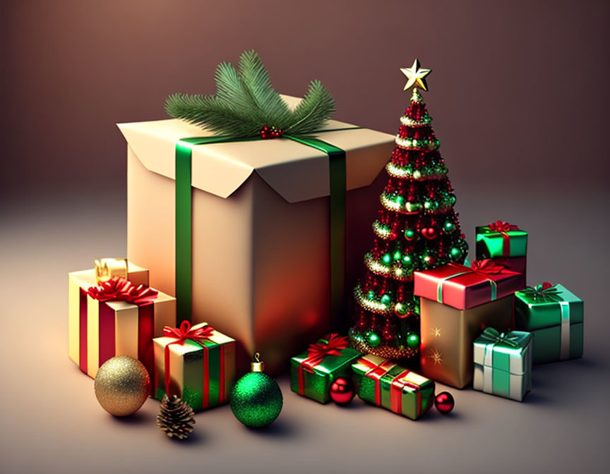 Festive Christmas scene with decorated tree and gifts