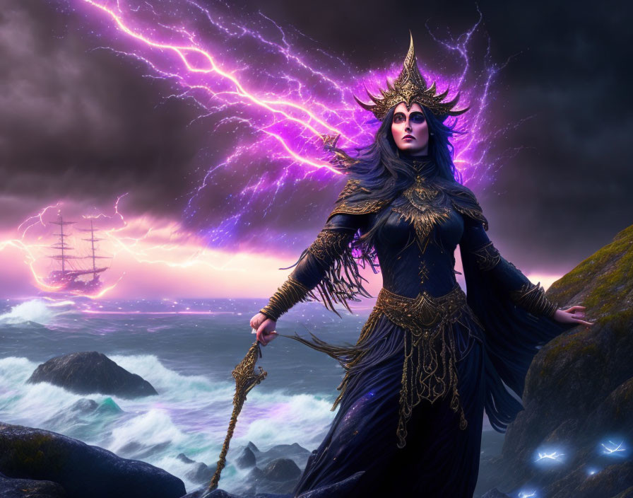 Majestic sorceress in blue and gold attire on rocky shore with staff amid stormy sea