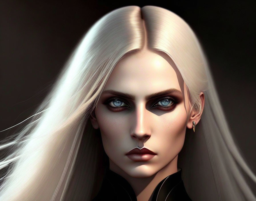 Portrait of a person with blue eyes, platinum blonde hair, and earring on dark background