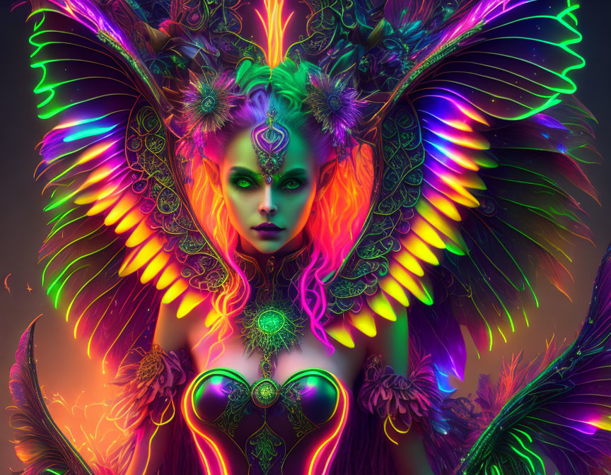 Colorful fantasy image: Woman with iridescent butterfly wings and glowing green eyes.