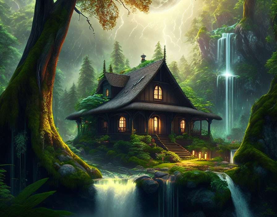 Mystical forest scene with cozy cottage near waterfall under stormy sky