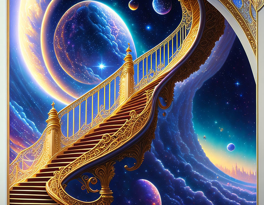 Golden spiral staircase in cosmic sky with stars, planets, and nebulae