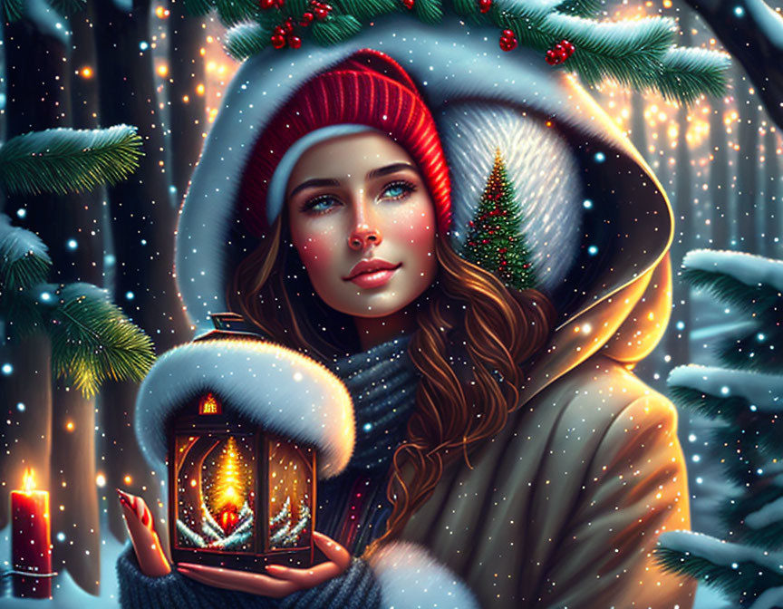 Woman in winter clothing with lit lantern in snowfall and holiday decorations.