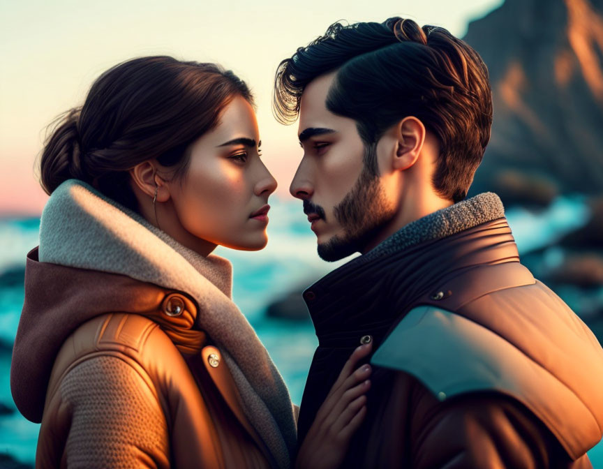 Man and woman gazing into each other's eyes on rocky beach at sunset